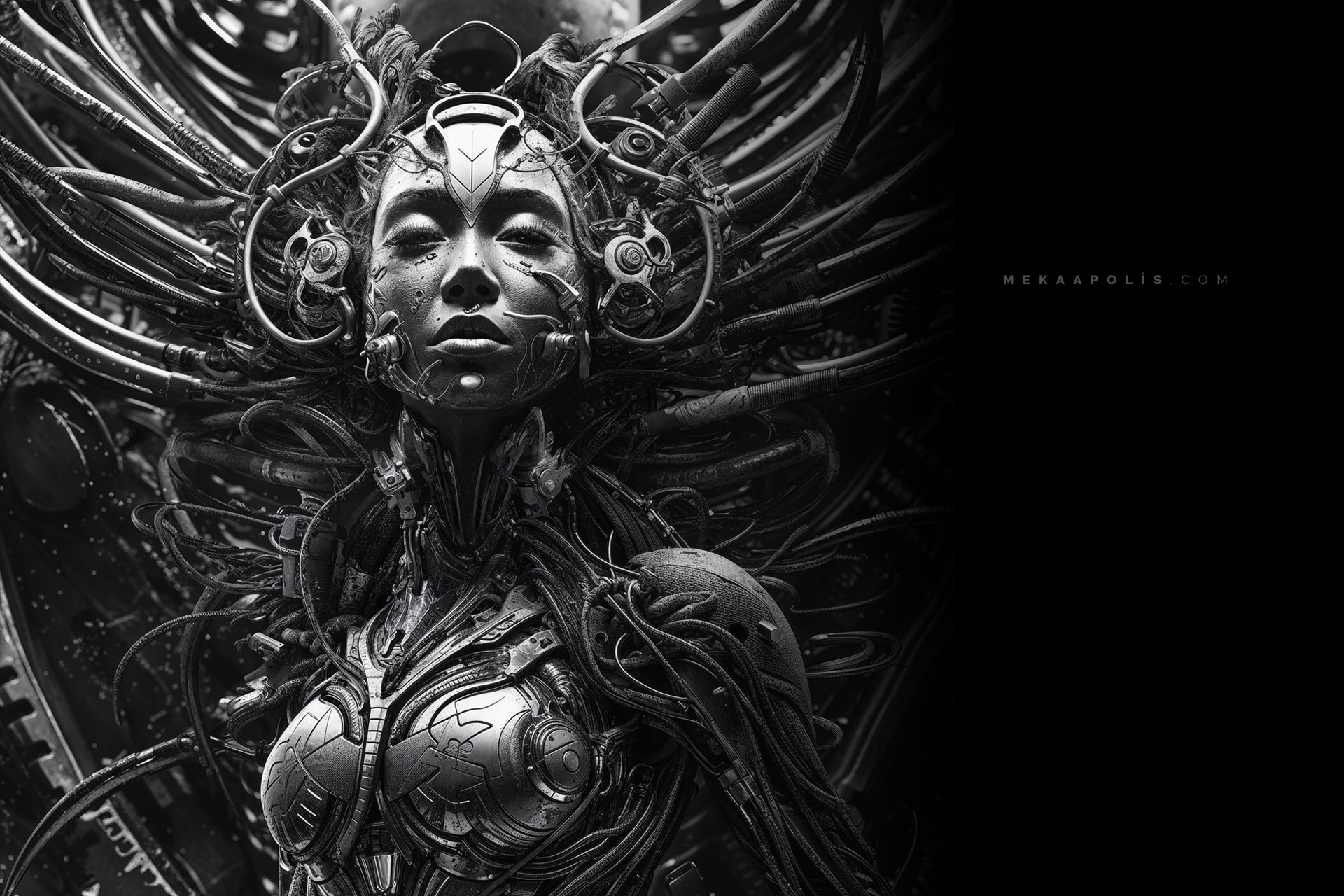 Mekaapolis -  Digital-Art & AI-Mutations #midjourneyartwork #midjourney #conceptualartist #digitalartist #ai #aiart #aiartcommunity #aiartist #instaart #instaartwork #digitalart #aiartwork #blackandwhite #cyber #photoshop #darkart #sci-fi #africa #bots #android #mekaa #mask #tribe #technology #nature #motherearth #futurism - Wallpapers