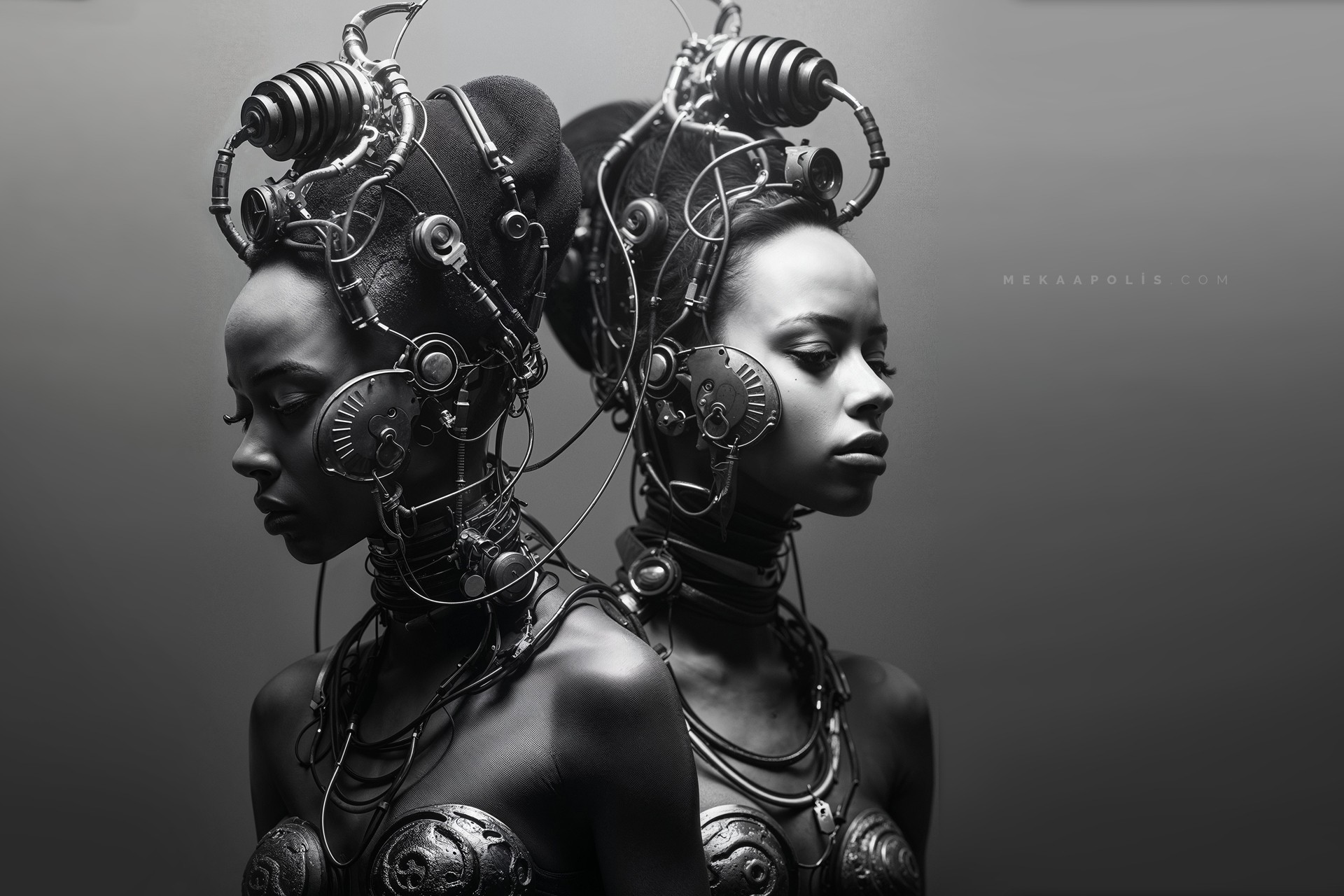 Mekaapolis -  Digital-Art & AI-Mutations #midjourneyartwork #midjourney #conceptualartist #digitalartist #ai #aiart #aiartcommunity #aiartist #instaart #instaartwork #digitalart #aiartwork #blackandwhite #cyber #photoshop #darkart #sci-fi #africa #bots #android #mekaa #mask #tribe #technology #nature #motherearth #futurism - Wallpapers